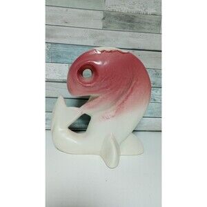 Vintage Dryden '92'  Pottery Whale Fish Vase Pink Drip Glaze Rare MCM Na…
